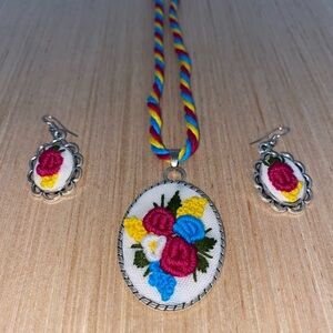 Floral Embroidered Necklace and Earrings Set